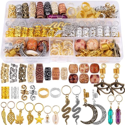184 stuks haarsieraden voor vlechten, dreadlocks haarsieraden voor vlechten, sieraden aluminium haarspoelen, maanslangenblad vlechtclips, oud goud metalen hanger houten kralen vlechtaccessoires