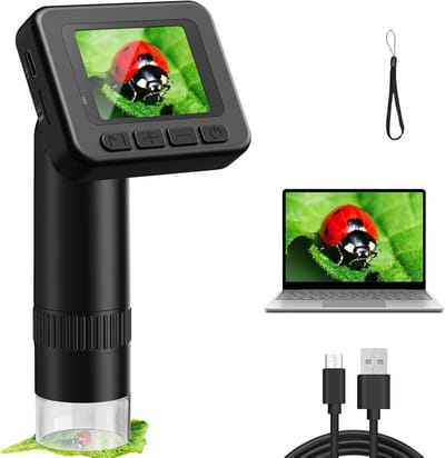 Namajunas – Digitale microscoop voor kinderen – 50X-1000X vergroting, 2" scherm – Foto & video, opslag tot 32GB – 800mAh accu, 8 LED-lampjes – USB-aansluiting, 100g draagbaar