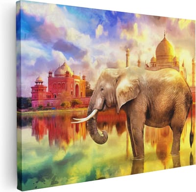 Artaza Canvas Schilderij Olifant India - 40x30 cm - Klein - Wanddecoratie Dieren - Muurdecoratie Taj Mahal - Kamer Accessoires Woonkamer