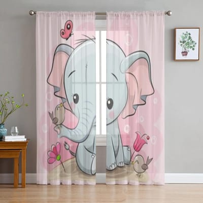 Cartoon Kleine Olifant Met Ster En Maan Transparante Gordijnen Voor Woonkamer Raamopening Heldere Voile Tule Gordijn Slaapkamer Ruimte Gordijnen W65X60H(cm)X2Pcs&Grommet Top