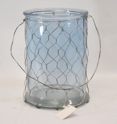 ZoeZo Design - waxinelichtjeshouder - kandelaar - kaarshouder - windlicht - licht blauw - glas - met ijzerdraad - 17 x Ø 12 cm - blauw