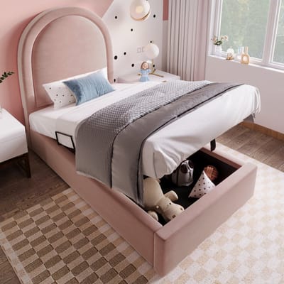 REDOM Bedframe – 160x200 cm – Hollandwol stof – Geometrisch ontwerp met siernagels – Beige