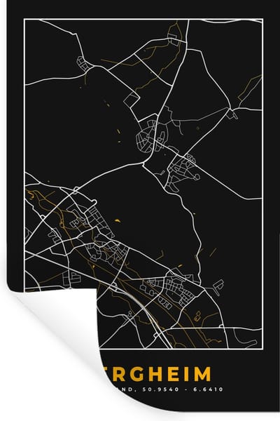 Muurstickers - Sticker Folie - Duitsland – Black and Gold – Bergheim – Stadskaart – Kaart – Plattegrond - 20x30 cm - Plakfolie - Muurstickers Kinderkamer - Zelfklevend Behang - Zelfklevend behangpapier - Stickerfolie