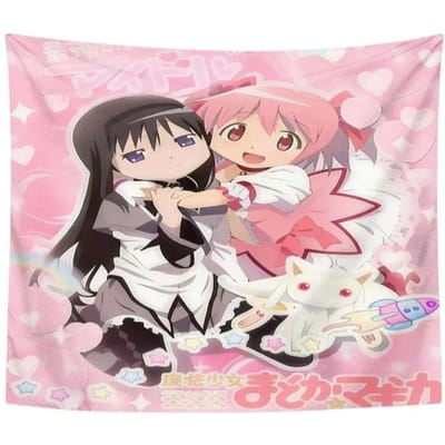 1 Stuk Madoka Magica Anime Meisje Wandkleed 2D Polyester Wanddecoratie Roze Anime Meisjes Groep Decor Voor Slaapkamer Studentenkamer Fan Cadeau 90X150cm