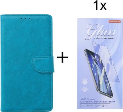 Bookcase Geschikt voor: Huawei P Smart 2021 - Turquoise - portemonnee hoesje met 1 stuk Glas Screen protector