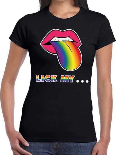 Lick my... gay pride t-shirt zwart met mond/ tong in regenboog kleuren voor dames - lgbt kleding XS