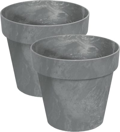 Prosperplast Bloempot/plantenpot - Set van 2x stuks - betonlook - grijs - kunststof - Dia 14 cm - buiten/binnen