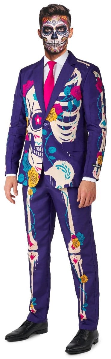 Suitmeister Sugar Skull Purple - Heren Pak - Halloween Kostuum - Horror - Meerkleurig - Maat: S