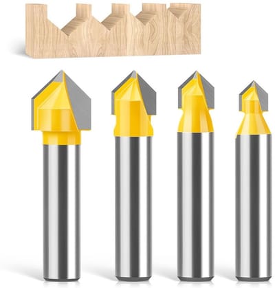 Set van 4 V-groeffrezen met 8mm schacht voor CNC-houtbewerking, 90° V-groef frezen voor precisiewerk