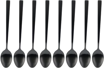 Excellent Houseware Dessertlepels - Lange Koffielepels - 8x - zwart - RVS - 18 cm - latte macchiato / snoirbet lepels