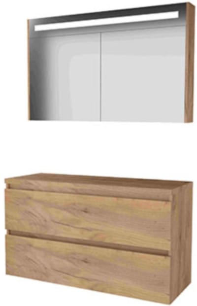 Basic-Line Premium 46 Badkamermeubelset - 120 x 46 cm - Greeploos - 2 Lades - Wastafelblad - Spiegelkast met LED Verlichting - Whisky Oak