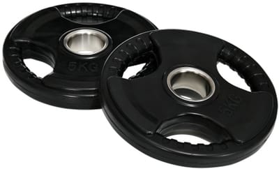 Gewichtschijven 2-delig Set - Tri-Grip 2 x 5 kg - Gepofylceerde Olympische Schijven, Vloervriendelijk, 5 cm Opening, Drie Handgrepen - Krachttraining - Zwart