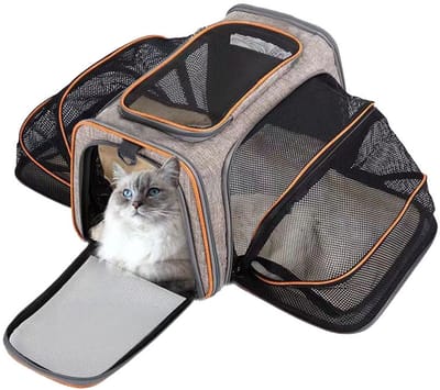 Pets Draagtas Hond - Dierendraagtas Maat M - Uitbreidbare Transporttas - Ademende Opvouwbare Schoudertas - Met Afneembaar Matras - Voor Honden En Katten - Voor Kamperen - Wandelen - Dagelijks Gebruik - Huisdier Transportkooi - Grijs en oranje