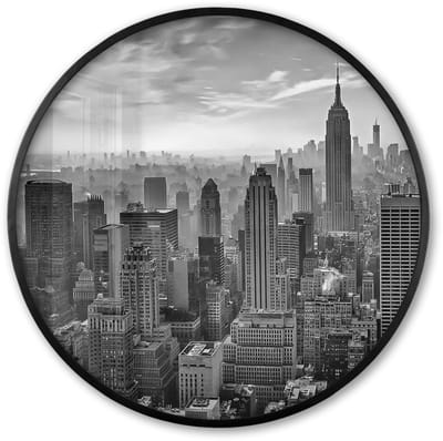 Poster in lijst Rond - Fotolijst 60x60 cm - Posters - Architectuur - Zwart wit - Stad - Skyline - New York - Ronde posterlijst zwart - Decoratie - Wanddecoratie woonkamer - Muurdecoratie slaapkamer
