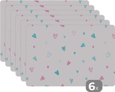 Placemat - Placemats kunststof - Hartjes - Patronen - Pastel - 45x30 cm - 6 stuks - Hittebestendig - Anti-Slip - Onderlegger - Afneembaar