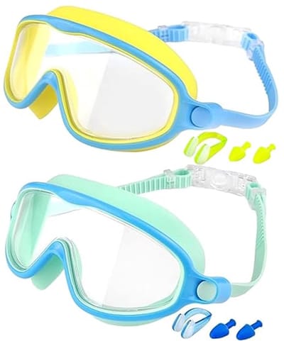 LISM-Een set van twee zwembrillen, geschikt voor kinderen en tieners van 3 tot 15 jaar, met anticondenslaag, UV-bescherming, breed gezichtsveld en waterdicht ontwerp (geel-blauw + groen-blauw).