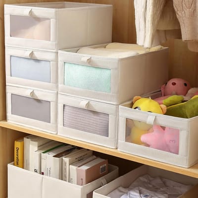 Famanu – Kledingkast-organizer set van 4, opvouwbare opbergdozen met transparante bovenzijde voor broeken, overhemden en kleding