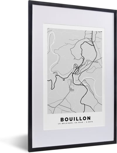 Fotolijst incl. Poster Zwart Wit- België – Bouillon – Stadskaart – Kaart – Zwart Wit – Plattegrond - 40x60 cm - Posterlijst