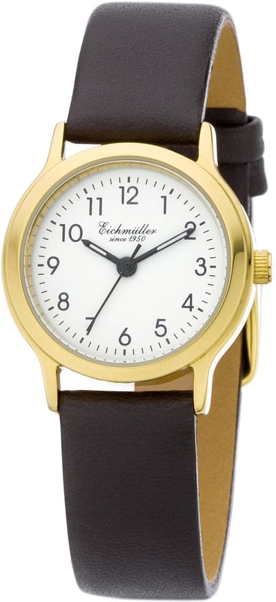 Eichmüller Klassiek Dameshorloge - Goud Edelstaal - Bruine Horlogeband - Witte Wijzerplaat - Quartz Uurwerk - 26 mm