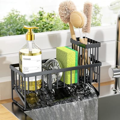 Spoelbakorganizer – Spons- en Borstelhouder voor de Keuken - met Zelfafwaterende RVS-Opvangbak – Roestbestendige Organizer voor Spons - Zeepdispenser en Keukenaccessoires