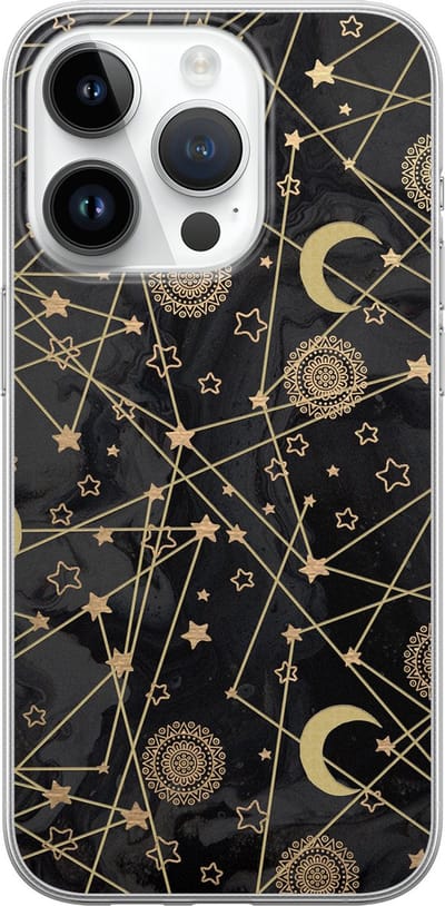 Leuke Telefoonhoesjes - Hoesje geschikt voor iPhone 14 Pro - Sterren, zon, maan - Soft case - TPU - Sterren - Zwart, Goud