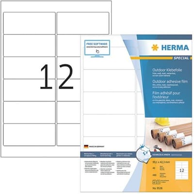 Herma 9538 Folie-etiketten 99.1 x 42.3 mm Folie, mat Wit 480 stuk(s) Extra sterk hechtend Laser (zwart/wit), Laser (kleur), Kopiëren (zwart/wit),