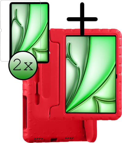 Hoesje Geschikt voor Apple iPad Air 6 (2024) - 11 inch - 6e Generatie - M2 - Met 2x Screenprotector - Kinderhoes Shockproof Bumper - Kidsproof Case - Tablet Hoes - Kinder Hoes Cover - Rood