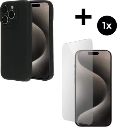Mobiparts Silicone Cover MagSafe hoesje geschikt voor Apple iPhone 15 Pro - MagSafe - met 1 Screenprotector van Gehard Glas - Zwart