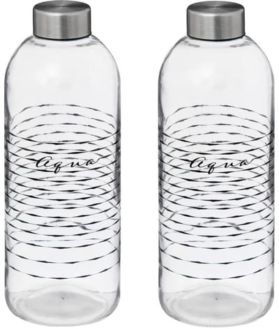 5Five Glazen waterfles - 2x - drinkfles - sportfles - helder transparant - met RVS dop - 1000 ml