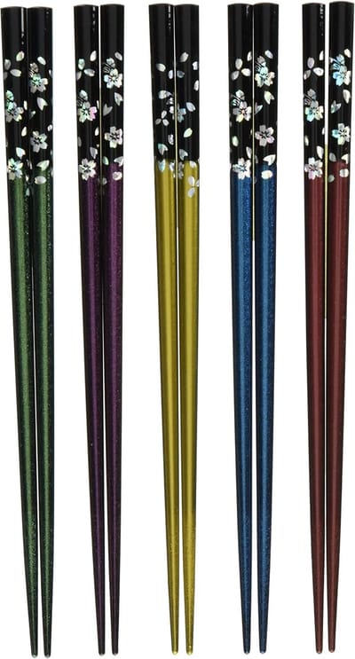 Set van 5 Japanse Lak Eetstokjes - Kersenbloesem - Zilver - Duurzaam en Elegant