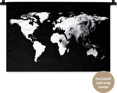 Wandkleed WereldkaartenKerst illustraties - Wereldkaart met leeuw in zwart-wit Wandkleed katoen 60x40 cm - Wandtapijt met foto