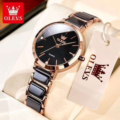 HO-5877.zw : Olevs rosékl edelstaal dames horloge, zwart ceramische tussenschakels , zwarte wijzerplaat met rosékl cijfers en wijzers, strass