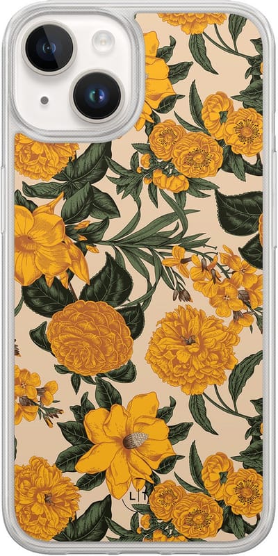 Hoesje geschikt voor iPhone 14 - Retro flowers - 2in1 backcover - Bloemen - Geel - Leuke Telefoonhoesjes