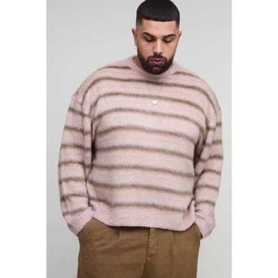 Plus oversized boxy geborstelde ombré streep gebreide trui | Pink | Size 2XL