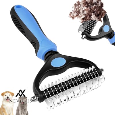 Nevolis Hondenborstel roestvrij staal dubbelzijdige hondenborstel 17 + 9 tanden ondervacht voor het verwijderen van knopen en onderhaar met gat handvat om op te hangen .