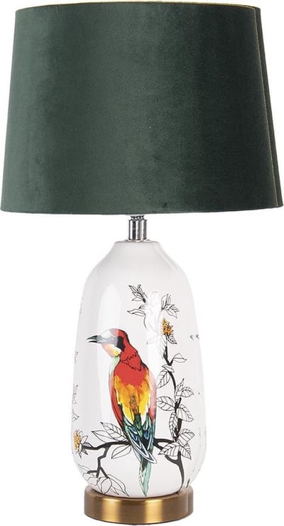 Clayre & Eef Tafellamp Ø 28x50 cm Wit Groen Kunststof Vogel Bureaulamp