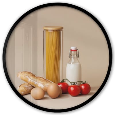 Poster in lijst Rond - Fotolijst 40x40 cm - Posters - Spaghetti - Melk - Tomaten - Eieren - Brood - Ronde posterlijst zwart - Decoratie - Wanddecoratie woonkamer - Muurdecoratie slaapkamer