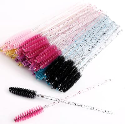 Famanu – mascara borsteltjes voor wimpers en wenkbrauwen, 6 kleuren, kristal handvat, 100 stuks