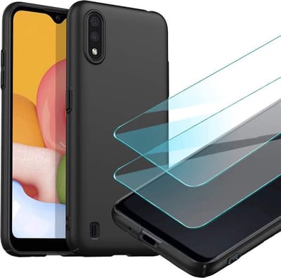 Soft Backcover Hoesje Geschikt voor: Samsung Galaxy A01 - Zwart TPU Siliconen Case & 2X Tempered Glas Combi