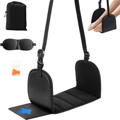 Verstelbare opvouwbare vliegtuigvoet hangmat met draagtas, slaapmasker en oordopjes voor comfortabele reizen en vermindering van beenvermoeidheid