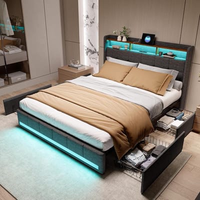 Tweepersoonsbed met Opbergruimte - Ladebed Platformbed - Slaapkamer Organiseren - Geïntegreerde LED Verlichting - 140 x 200 cm - Grijs