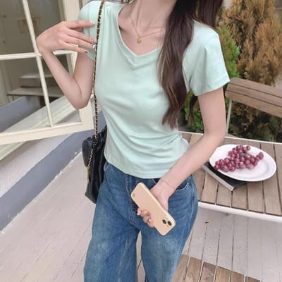 Effen Kleur Top met Voorste Schouder V-hals T-shirt voor Dames Korte Mouwen, Hoge Taille, Slank en Leeftijd-verminderend Kort Hot Girl Pure Desire T-shirt XL groen