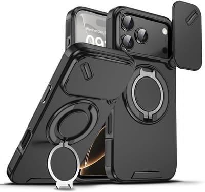 Hoesje Geschikt voor iPhone 17 Pro Max hoesje Zwart - Shock Hybrid Armor Hoes met Kickstand Ring en Camera Bescherming - Geschikt voor MagSafe