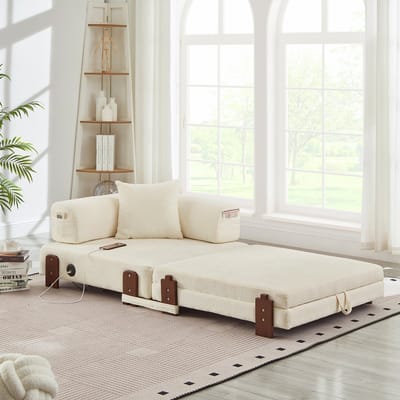 MODFU Opvouwbare Slaapbank - 2-In-1 Met Opbergruimte En Usb-En Type-C-Aansluiting - Voor Logeerkamer - Stof - Beige
