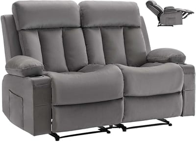 2-zits Loveseat - Elektrische Relaxbank - Verwarming - Massagefunctie - USB-poorten - Bekerhouders - Zijvakken - Fluweel - Grijs