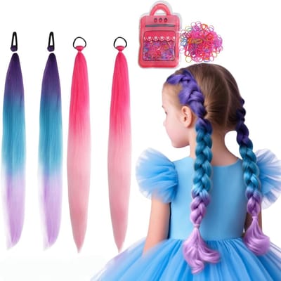 Kleurige haarwefts voor kinderen in paars en roze met 260 clips - haarextensions voor vlechten en klampen, synthetisch haar voor creatieve kapsels en haarstrengen voor kinderen