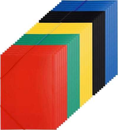 Verzamelmappen A4 meerkleurig, 30 stuks insteekmappen van polypropyleen, opvouwbare documentenmap met elastiek voor school, kantoor en projecten, 31,5 x 24 cm