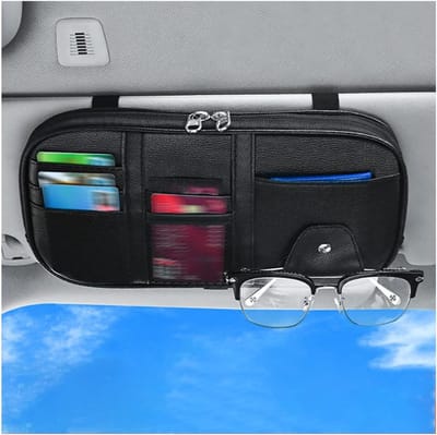 Famanu – Organizer voor zonneklep voor auto - meerdere vakken - organizer - zwart - opbergtas voor vizier - organizer voor auto - bril - mobiele telefoon - autovizier - leer