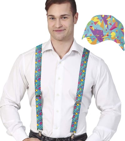 Fiestas Guirca Verkleed bretels en pet - jaren 80/90 printje - blauw - volwassenen - 80s/90s