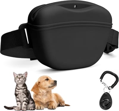 Beloningstasje voor Honden-beloningstasje-Hondensnoepzakje met trainingsclicker - siliconen snoepzakje - lekvrije magnetische sluiting - voor het uitlaten en trainen van de hond - zwart - 12,5 x 10,5 x 4 cm